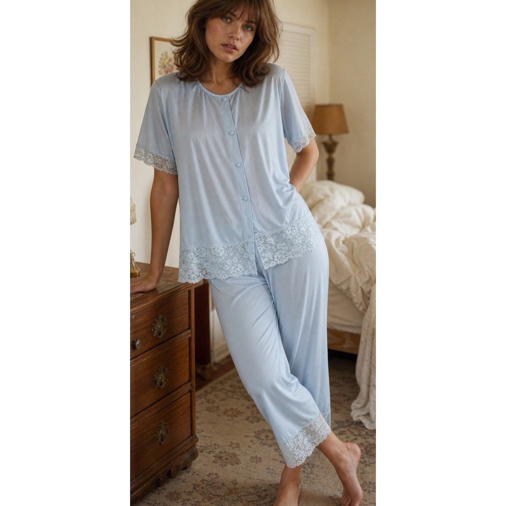 Vintage Henson Kickernick Women Pajamas Light Blue Nylon Lace Set 2pc Fair